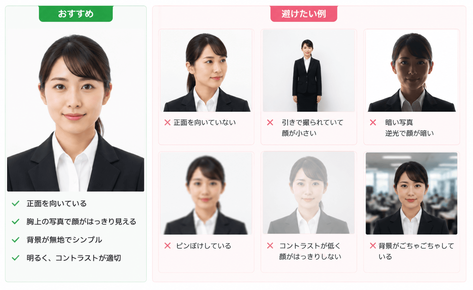 社員証・職員証・スタッフ証用の顔写真に関するおすすめ例と避けたい例